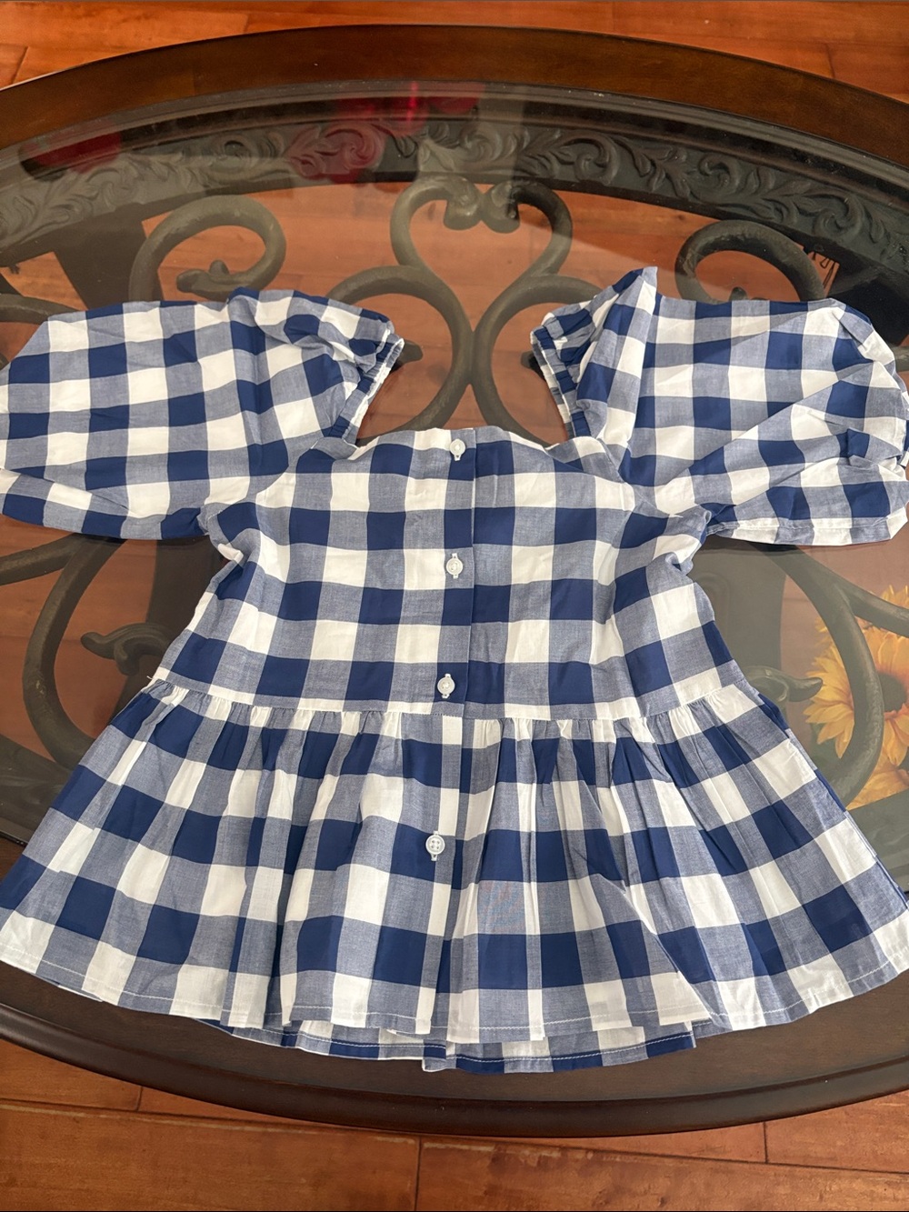 Janie and Jack Navy & White Gingham Puff Sleeve Peplum Top